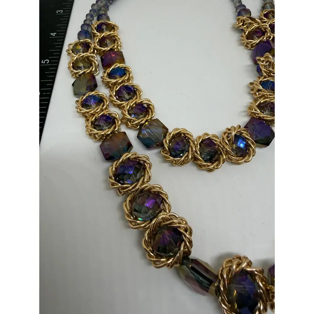 Purple Iridescent Statement Necklace Gold Tone Double Strand Faceted Glass Beads